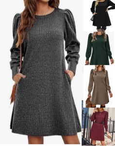 Vestidos Casuales Holgados de Punto para Mujer, con Mangas Abullonadas, Cuello Redondo, para Otoño/Invierno, con Bolsillos, a la Moda - Product Image 2