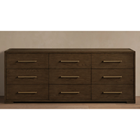 Commode à 9 tiroirs en bois massif, style moderne minimaliste, en chêne, avec poignées fines en laiton, grand espace de rangement pour chambre et salon
