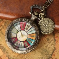 Reloj de Bolsillo con Dije para Hombre y Mujer Regalo Tapa de Cristal Transparente Cadena de Collar Colgante Vintage Romano Colorido