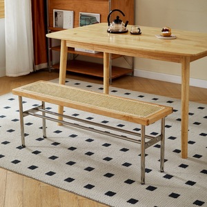 Banco de Madera Maciza con Tejido de Ratán, Estructura de Acero Inoxidable, para Hogar, Dormitorio, Sala de Estar - Product Image 2