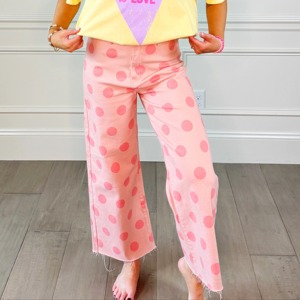 Fabricant de jeans décontractés pour femmes, personnalisés, à grands pois, extensibles, couleur blush, <span class=keywords><strong>taille</strong></span> <span class=keywords><strong>haute</strong></span>, à ourlet brut et coupe large - Product Image 1