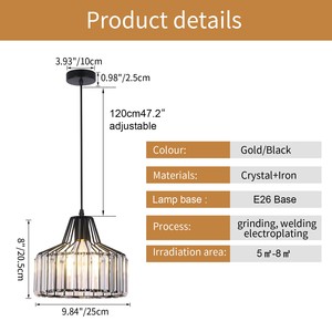 E27/<b>E26</b> Minimalist Crystal Chandelier Modern Iron Pendant Light Adjustable Height for Kitchen Island Dining Room Bar Black - Product Image 3