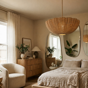Lámpara colgante de ratán estilo bohemio con forma de concha de vieira, pantalla tejida a mano, luz de suspensión para villa, casa, comedor, decoración del hogar - Product Image 1