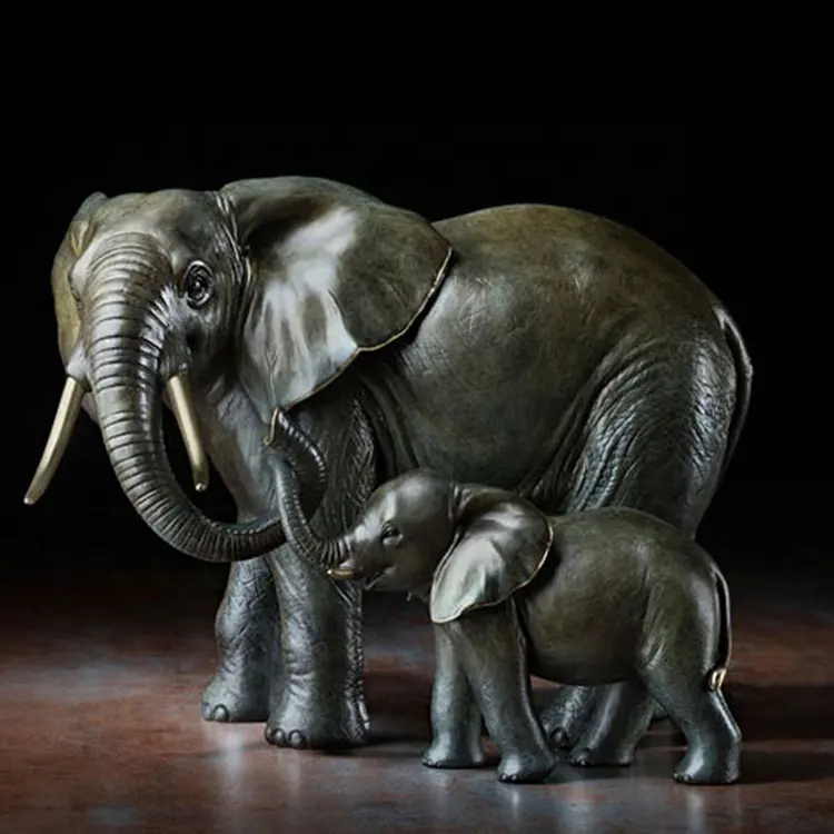 Statuette d'éléphant en bronze, grande taille, sculpture de famille d'éléphant, de mère et de fils