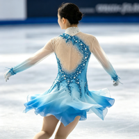 Robe de patinage artistique dégradé bleu océan, manches longues, dos découpé en maille, strass, costume de compétition personnalisé pour enfants, adolescents et adultes, OEM