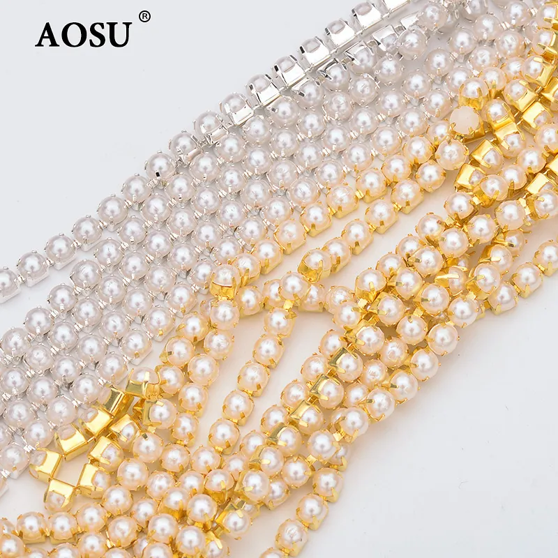 AOSU SS6 2mm SS12 3mm SS16 4mm Pearl Beads With Gold Base Chain Bridal Applique Pearls String Trim For Dresses