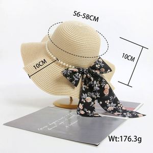 Sombrero de Paja Casual al por Mayor para Mujer, Protección Solar, Viajes al Aire Libre, Estilo Playero, con Lazo de Perlas, para Pesca y Deportes - Product Image 6