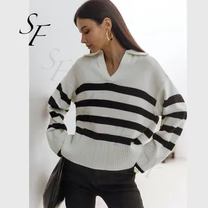 Pull en tricot à manches longues pour femme, décontracté, surdimensionné, couleur contrastante, à rayures larges, Vintage, Chic, à la mode, automne