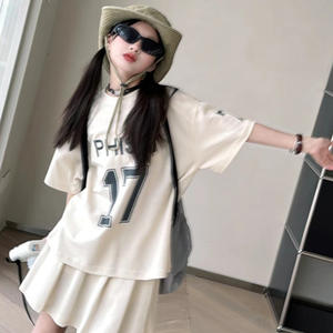 Set di due pezzi Casual estivo da ragazza nuovo stile gonna a maniche corte a maniche corte a tinta unita per ragazzi - Product Image 3