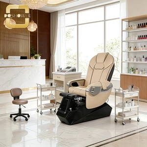 Fauteuil de pédicure moderne pour salon de beauté avec revêtement en cuir <span class=keywords><strong>beige</strong></span> et base noire, et double bac à <span class=keywords><strong>pieds</strong></span>, avec fonction massage. - Product Image 1