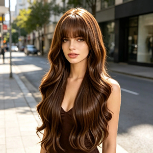 Pelucas Hechas a Máquina, <span class=keywords><strong>Peluca</strong></span> Larga Ondulada Marrón Cálido para Mujer, con Ondas Grandes, Cabello Artificial, Estilo de Cabeza Completa - Product Image 4