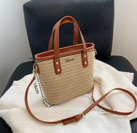 Sac à main en paille tissé pour femmes, avec poignée en cuir, fourre-tout fait à la main, de plage, nouveau design tendance, 2020