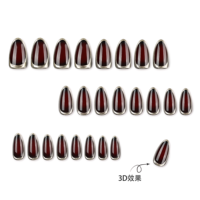 Unghie Finte 3D Cromate Bordeaux con Bordo Dorato, Stiletto Lucido Metallizzato, Nail Art per Feste Serali, Punte per Manicure 4519