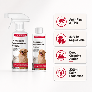 Shampoo <span class=keywords><strong>anti</strong></span>-<span class=keywords><strong>puces</strong></span> Zourunan 200ml pour chiens et chats, lavage et toilettage, tétraméthrine, origine Chine, marque privée, vente en gros - Product Image 2