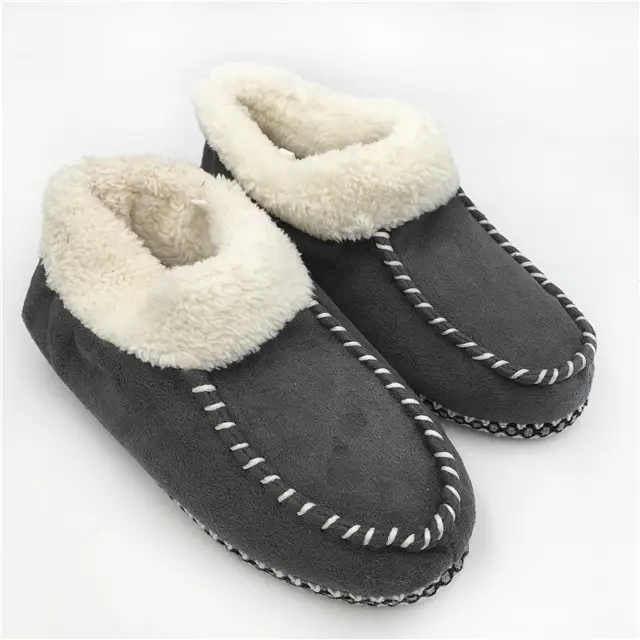 Fashion Faux Fur Lining Casual Microsuede Loafers Moccasins Indoor Slippers for Women HCG Grey Microfiber Leather Moccasin Shoes