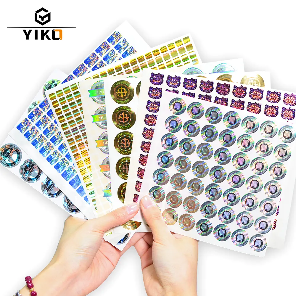 Yiko 맞춤형 가짜 방지 홀로그램 스티커 정품 보안 시퀀스 코드 및 특수 보이드 로고 라벨이있는 플로팅 패턴