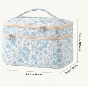 Double Layer <b>Large</b> Cotton Quilted Makeup Pouch Soft Cosmetic Organizer with Handles - Product Image 2