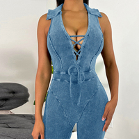 Nouvelle combinaison ajustée en tricot délavé sexy personnalisée pour femmes col en V profond taille haute coupe ajustée avec ceinture combinaison