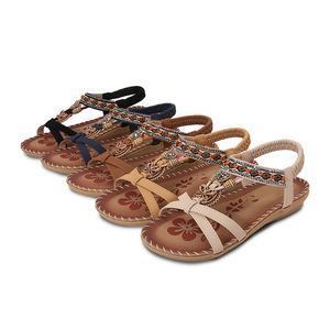 Floral Pattern Ankle Strap <b>Flat</b> <b>Sandals</b> With Bead Decoration Microfiber Leather Open Toe Summer Women Shoes Breathable - Product Image 5
