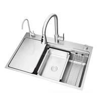 Ensemble d'évier de cuisine rectangulaire multifonctionnel en acier inoxydable 304 avec robinet, égouttoir et panier de lavage, grande taille, vente en gros