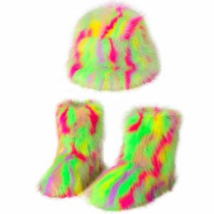 Ensemble chaud et moelleux pour l'hiver, bottes en peluche colorées et chapeau <span class=keywords><strong>de</strong></span> pêcheur, chapeau seau en fourrure tie-dye, ensembles <span class=keywords><strong>de</strong></span> bottes <span class=keywords><strong>de</strong></span> neige en fourrure - Product Image 5