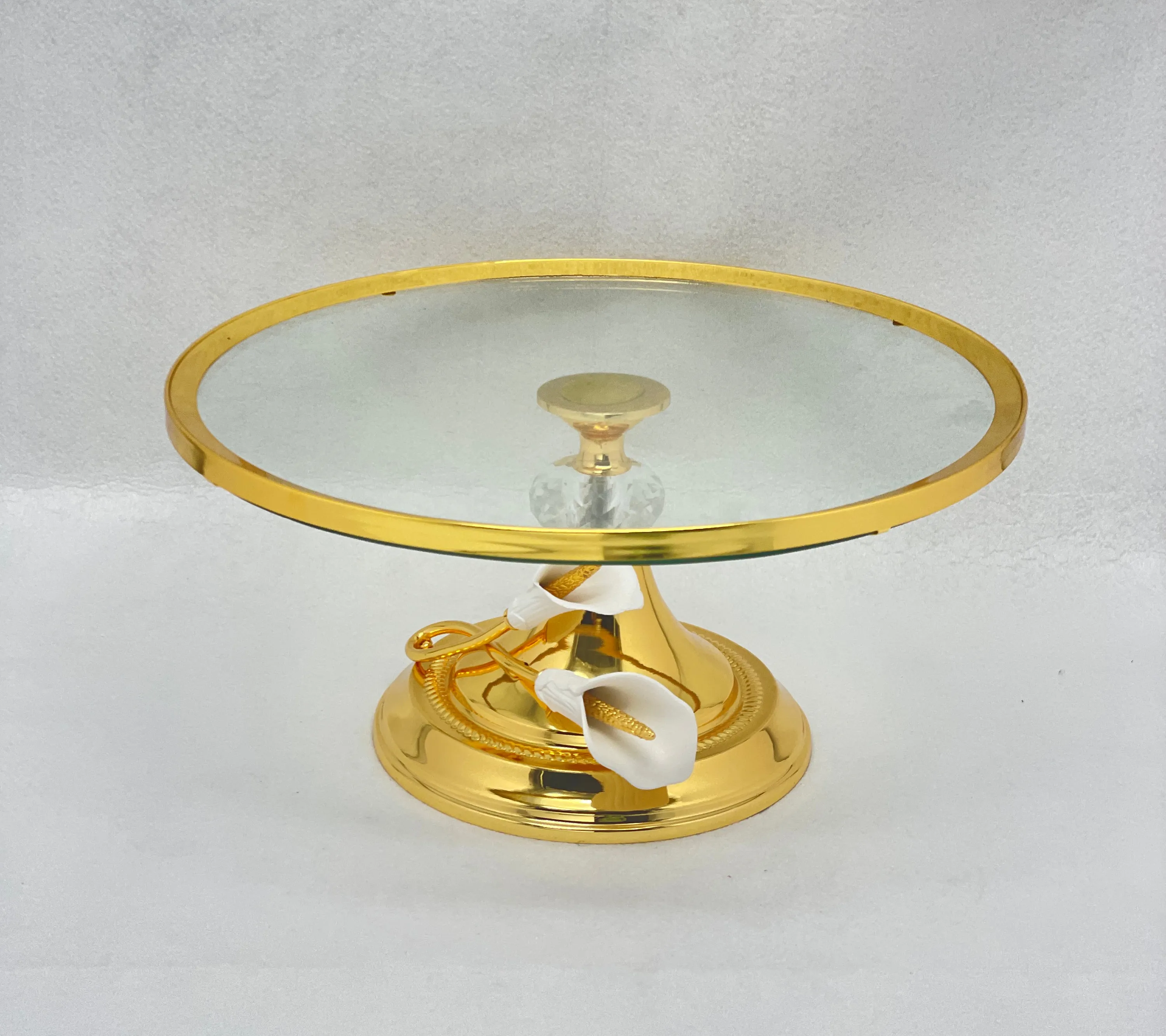 Banhado a ouro ou banhado a prata árabe 12 polegadas Round Cake Stand para Party Restaurant placa de vidro com base