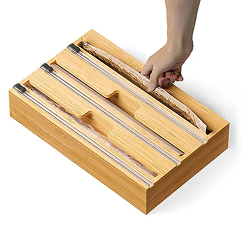 Dispensador de papel para gavetas 3 em 1, compatível com rolo de bambu para cozinha, envoltório de cera de alumínio, cortador de lâmina