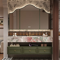 Ensemble de meubles de salle de bain mural vintage en chêne, résistant à l'eau, style français original, avec lavabo en pierre frittée