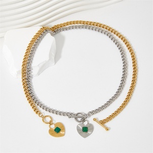 Pendentif en Pierre d'Émeraude Naturelle en Forme de Cœur, Chaîne Cubaine Plaquée Or en Acier Inoxydable avec Fermoir OT, Collier en Pierre Précieuse pour Femmes - Product Image 4