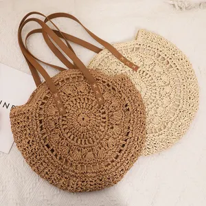 Round Summer Beach Straw Bag With Leather Handle Fashion Mesh Straw Bag 2024 Handmade Woven Bag