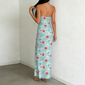 <span class=keywords><strong>Robe</strong></span> longue maxi moulante personnalisée <span class=keywords><strong>à</strong></span> col en V, volants, dos nu sexy, froncée, pour soirée, col licou, motif floral, fente haute - Product Image 4