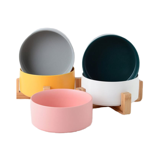 Üretici toptan bambu standı ile evcil hayvan kaseleri seramik köpek kedi kase çanak gıda ve su besleyici için - Product Image 4