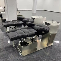 Chaise de shampooing moderne en fibre de salon de coiffure avec base en acier inoxydable, ascenseur électrique, bol et chaise de shampoing rotatifs, meubles de salon de coiffure