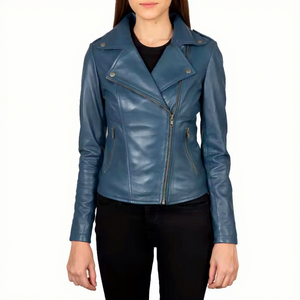 Womens Real Blue Leather Biker Jacket Asymmetric Zip Lapel Collar Sheepskin <b>Coat</b> <b>Zipper</b> Pockets Slim Fit Custom Outwear New Look - Product Image 1