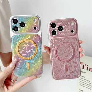 เคสโทรศัพท์มือถือแม่เหล็กแบบมีโบว์กลิตเตอร์สีรุ้งสุดหรู สำหรับ iPhone 18 17 16 15 Pro Max  ลายนูนวิบวับไล่เฉดสีเลเซอร์ ฝาหลัง - Product Image 1