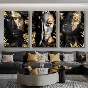 Affiche murale Art déco moderne : Portrait de <span class=keywords><strong>femme</strong></span> africaine maquillée en noir et or sur toile, décoration pour salon et maison - Product Image 4