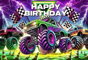 Toile de fond photo sur le thème du Monster Truck flamboyant pour anniversaire, fête prénatale, bannière de fête à domicile, personnalisable - Product Image 3