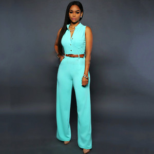 Tuta Elegante <span class=keywords><strong>da</strong></span> Donna Monopetto con Pantaloni a Gamba Larga, Completo <span class=keywords><strong>da</strong></span> <span class=keywords><strong>Ufficio</strong></span> con Camicia, Tuta Monopezzo Senza Maniche a Tinta Unita con Cintura - Product Image 1