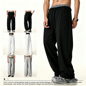 Celana Sweatpants <span class=keywords><strong>Streetwear</strong></span> Bahan Terry Motif Calf-Tripe, Celana Panjang <span class=keywords><strong>Plaid</strong></span> Dekonstruksi Berlapis Pinggang Ganda, Model Longgar Kaki Lurus - Product Image 1