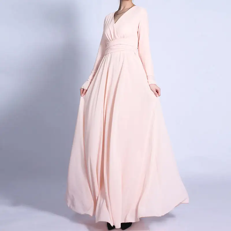 Robe Maxi Vêtements Islamiques Doublure Double Couche en Mousseline de Soie Fluide Col V Croisé Devant Premium Abaya Dubaï Musulmane