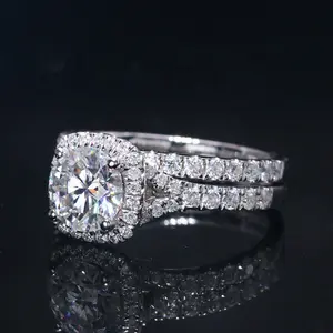 Perhiasan bagus cincin berlian moissanite halo bulat potongan brilian 14k emas putih set Cincin Pernikahan 1 karat untuk pernikahan