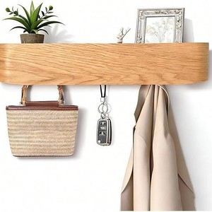 Étagère murale en bois avec crochets, porte-manteau et porte-chapeaux, organisateur pour porte d'entrée, couleur bois naturel, rectangulaire, installation facile - Product Image 1