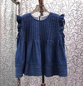 Camicetta in <span class=keywords><strong>Denim</strong></span> 100% Cotone, Design Moda Primavera 2026, Top Casual Senza Maniche con <span class=keywords><strong>Motivi</strong></span> Plissettati per Donne, Camicie in Jeans Blu - Product Image 1