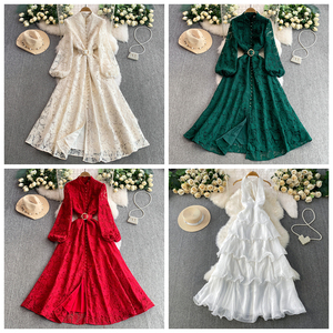 Vestido plisado de cuello redondo con corte en A, elegante y de lujo ligero, que estiliza la cintura, con <span class=keywords><strong>falda</strong></span> larga de gran vuelo, al por mayor. - Product Image 5
