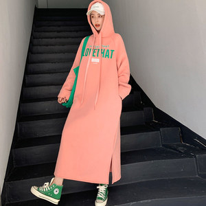 Factory Oversized Korean Style Winter New Women Fleece Hooded Print <strong>Long</strong> <strong>Sweatshirts</strong> <strong>Ladies</strong> Loose Maxi <strong>Sweatshirt</strong> Hoodie Dress - Product Image 3