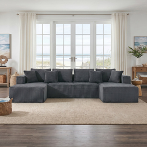Sofá Seccional Convertible Moderno en Forma de U con Diseño Modular, Tapicería de Pana y Brazos Acolchados con Almohadas para Sala de Estar - Product Image 2