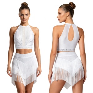 Conjunto de 2 Piezas para Baile Latino para Mujer, Top Corto con Flecos y Pedrería, Falda Asimétrica con Borlas, Trajes para Salsa, Tango y Baile de Salón - Product Image 4