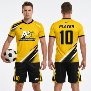 Ensemble de maillots de football unisexe jaune et noir NJ Industries pour adultes, col en V, manches courtes, sublimé, respirant, anti-humidité, extensible dans quatre directions - Product Image 1