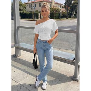 Off The Shoulder <b>Top</b> Women Short Sleeve Ruched Crop <b>Top</b> Casual Summer Clothes <b>One</b> Shoulder T Shirt Breathable Cotton - Product Image 5