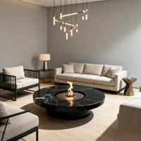 Table basse de luxe en marbre rond avec foyer bioéthanol, véritable flamme, cheminée à alcool pour la décoration moderne du salon
